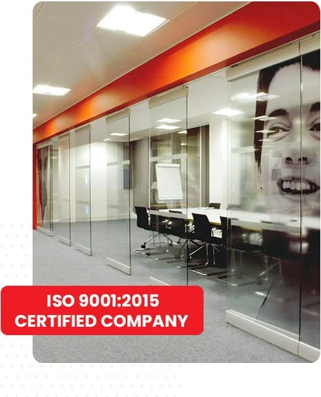 Modern office with ISO 9001:2015 certification banner