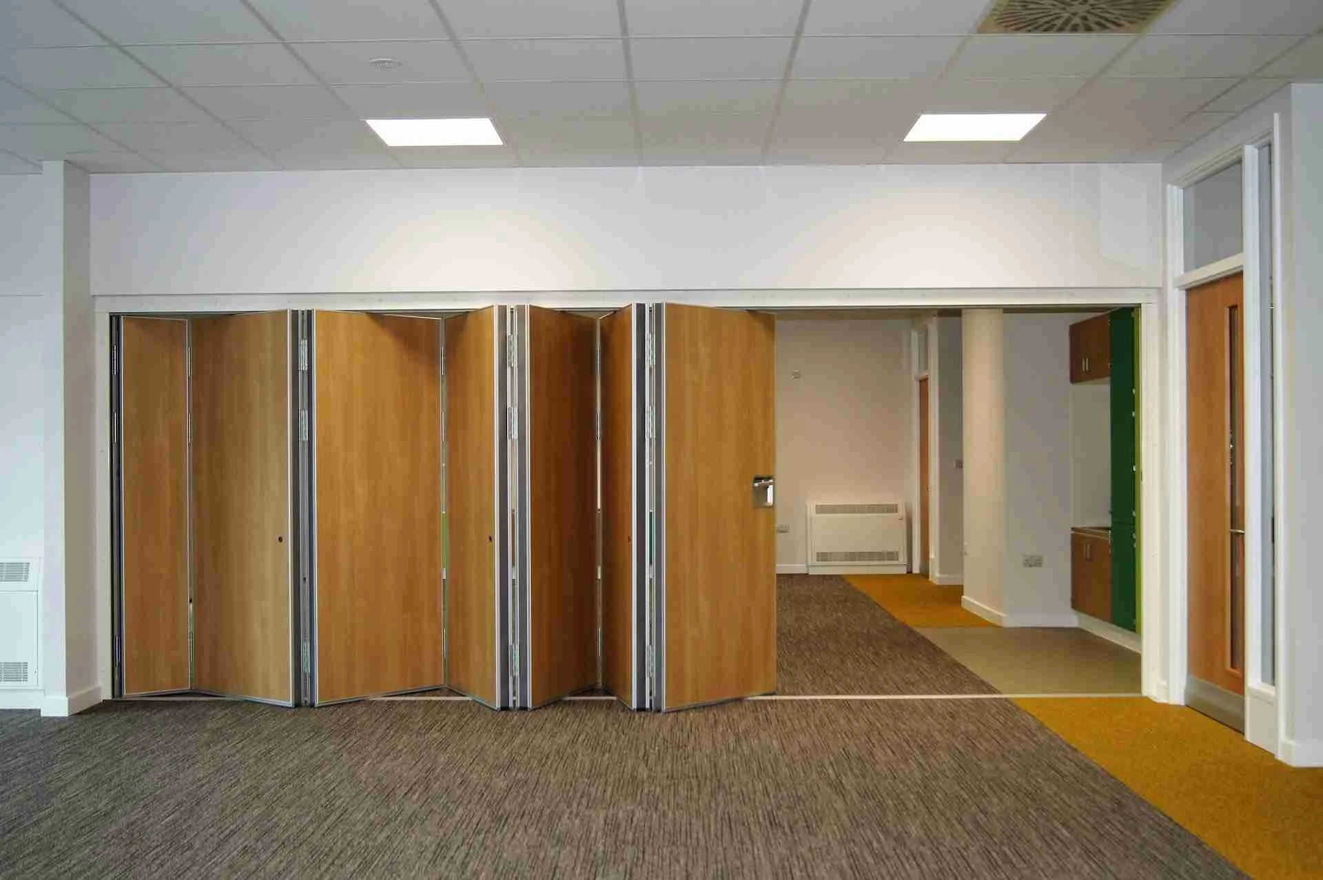 Open office area with movable folding partition walls